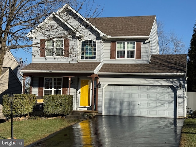 view of front of property with aphalt driveway, a garage, and roof with shingles