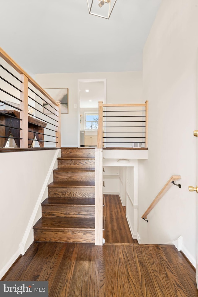 stairway featuring wood-type flooring