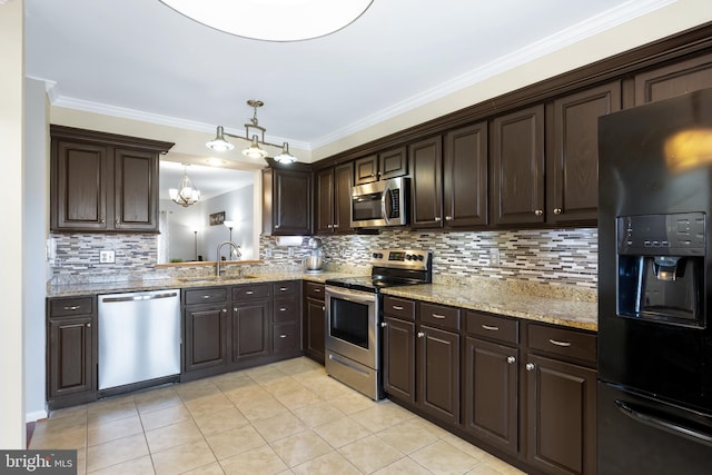 kitchen featuring dark brown cabinetry, light tile patterned floors, ornamental molding, stainless steel appliances, and a sink