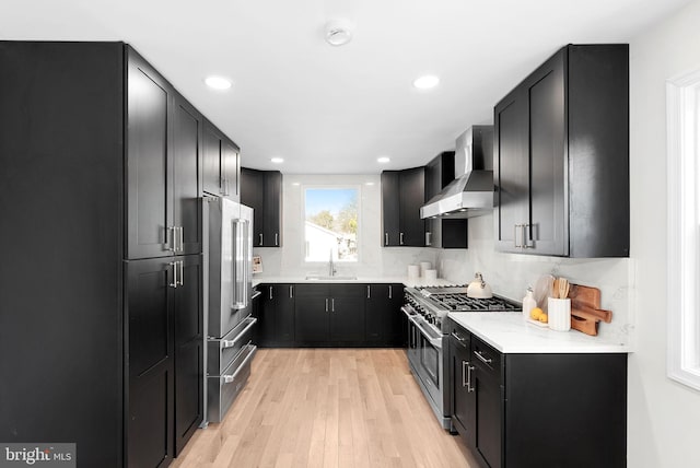 kitchen featuring sink, high quality appliances, tasteful backsplash, wall chimney exhaust hood, and light wood-type flooring