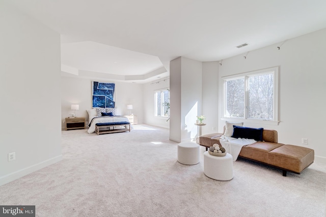 bedroom with a tray ceiling, carpet flooring, and baseboards