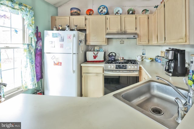 kitchen featuring sink, plenty of natural light, stainless steel range with gas stovetop, and white refrigerator