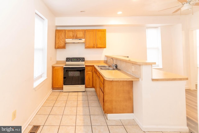 kitchen with sink, light tile patterned floors, range with electric cooktop, and kitchen peninsula