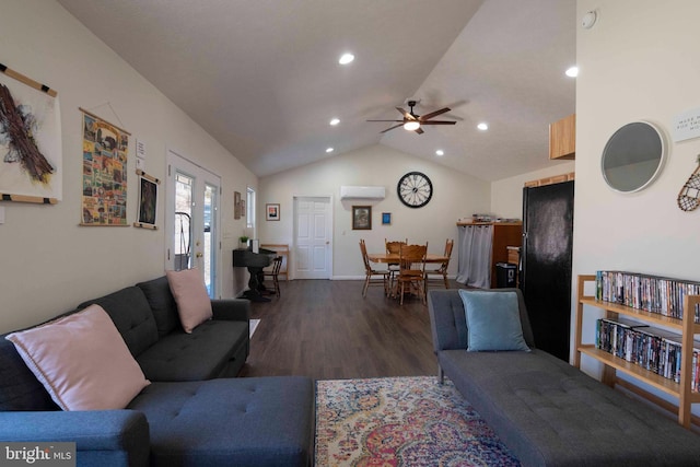 living area with lofted ceiling, a wall unit AC, recessed lighting, a ceiling fan, and dark wood finished floors