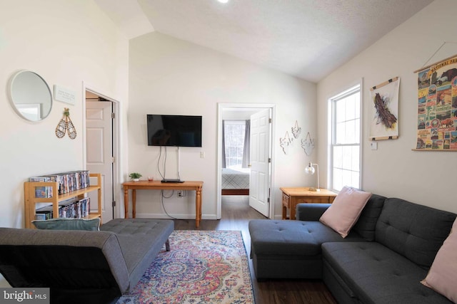 living area featuring lofted ceiling and dark wood finished floors