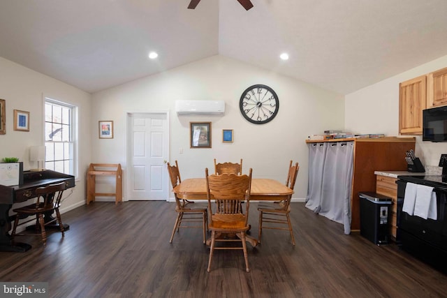 dining room featuring lofted ceiling, a ceiling fan, baseboards, a wall mounted AC, and dark wood finished floors