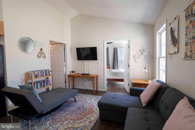 living room featuring lofted ceiling, dark wood finished floors, and baseboards