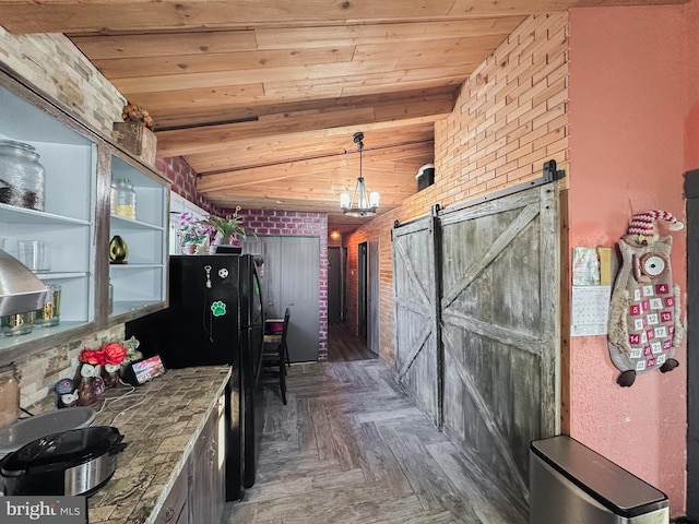 6073 Wycoff Sq, Centreville, VA 20120 - kitchen with pendant lighting, wood ceiling, dark parquet floors, and a barn door