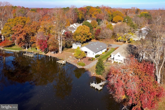 birds eye view of property with a water view and a view of trees