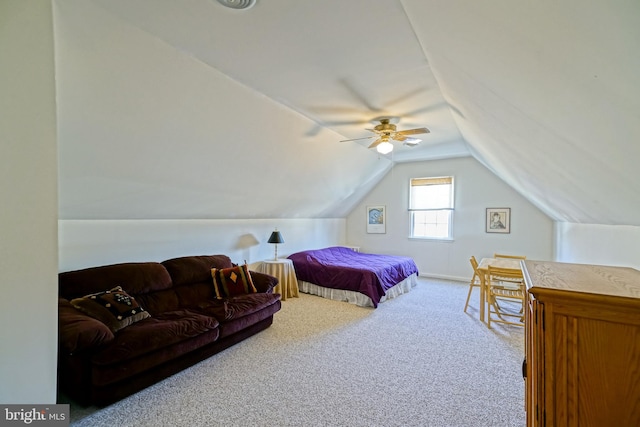 bedroom featuring carpet floors, ceiling fan, and vaulted ceiling