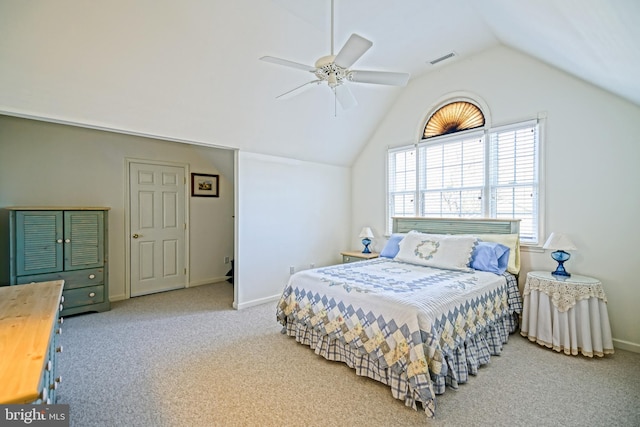 bedroom featuring baseboards, visible vents, carpet floors, and lofted ceiling