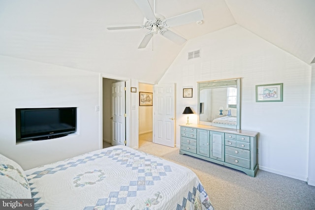 bedroom featuring visible vents, light carpet, lofted ceiling, baseboards, and ceiling fan