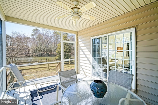 sunroom with wood ceiling and ceiling fan