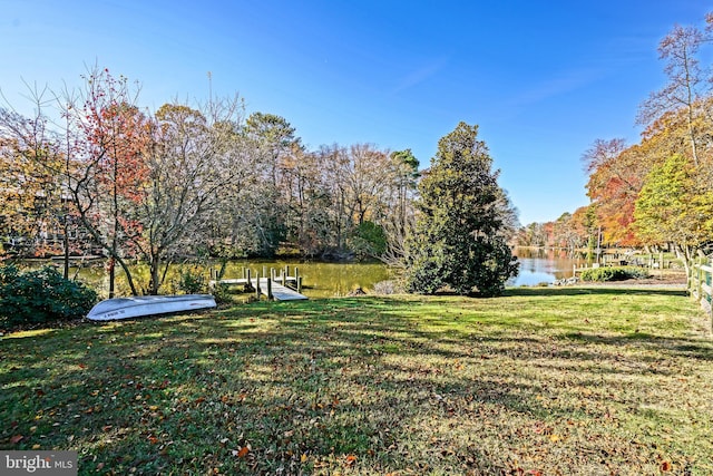 view of yard featuring a water view and a boat dock