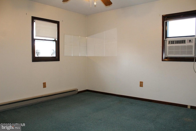 empty room with cooling unit, carpet, ceiling fan, and baseboard heating