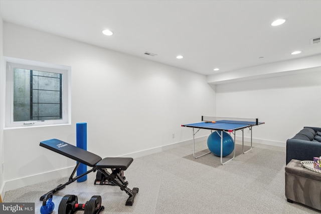 game room with baseboards, visible vents, and recessed lighting