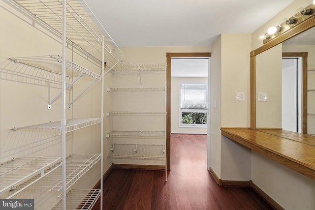 walk in closet with wood finished floors