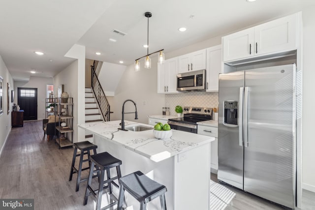 kitchen with visible vents, decorative backsplash, appliances with stainless steel finishes, white cabinetry, and a sink