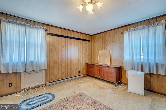 interior space with carpet floors, wooden walls, a wealth of natural light, and a baseboard radiator