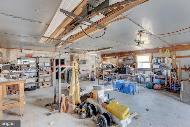 garage featuring a workshop area