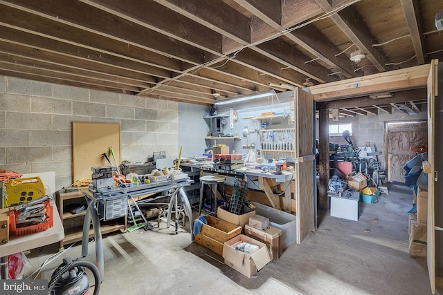 below grade area featuring a workshop area and concrete block wall