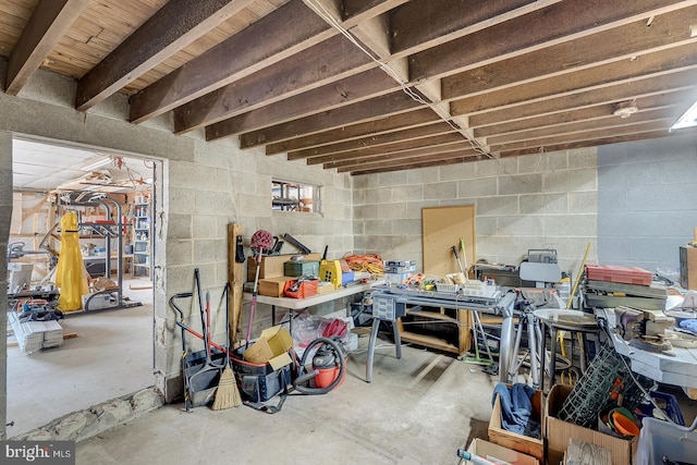 below grade area featuring concrete block wall