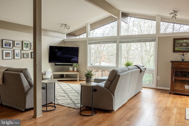 living room featuring track lighting, lofted ceiling with beams, and light hardwood / wood-style flooring