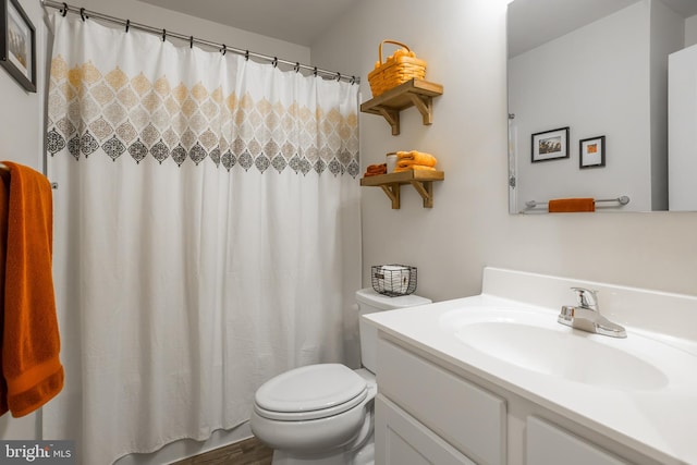 bathroom featuring toilet, curtained shower, and vanity