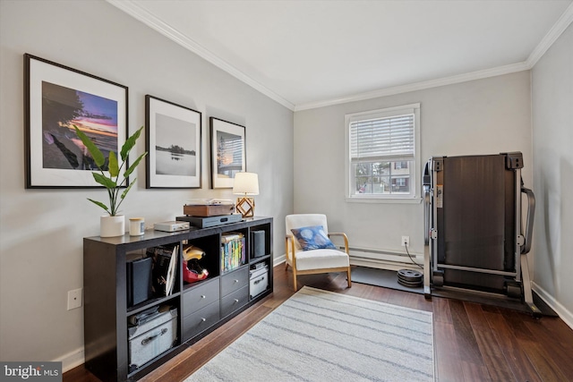 178 Elephant Rd Unit B21, Dublin, PA 18917 - living area with crown molding, dark wood-style flooring, baseboards, and baseboard heating