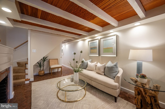 living area with wooden ceiling, recessed lighting, beam ceiling, and stairway