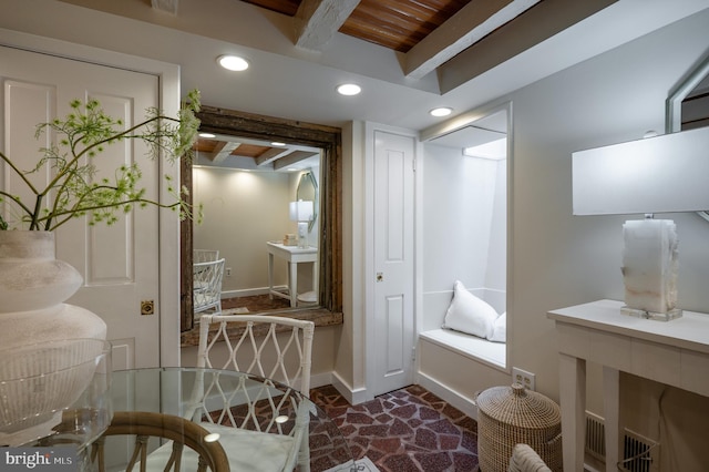 bathroom with recessed lighting, baseboards, beamed ceiling, and wood ceiling
