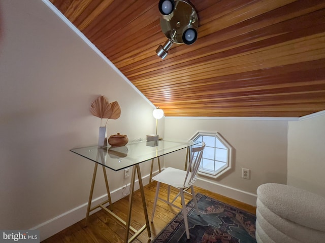 home office with wood ceiling, wood finished floors, baseboards, and vaulted ceiling