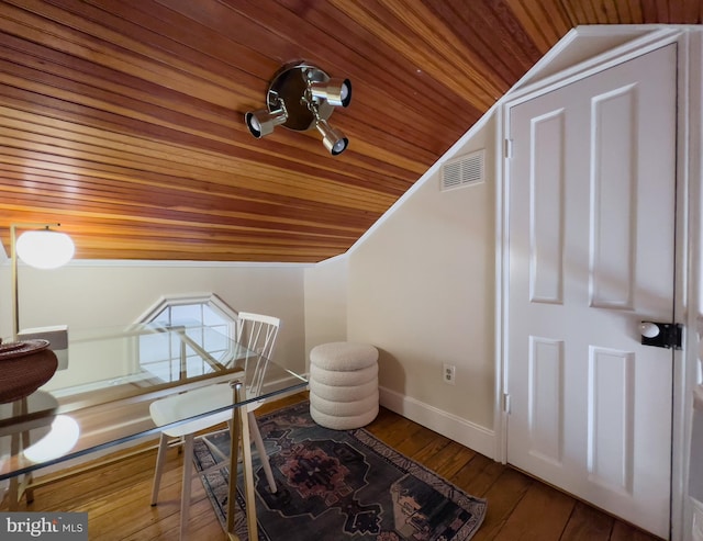 interior space with visible vents, baseboards, wood ceiling, vaulted ceiling, and wood-type flooring