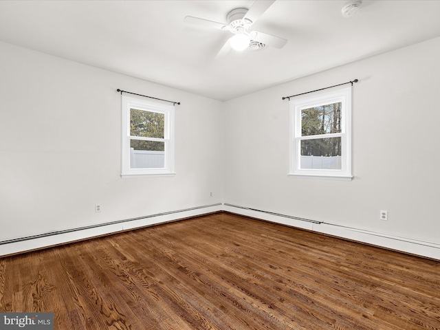 empty room featuring a ceiling fan and wood finished floors