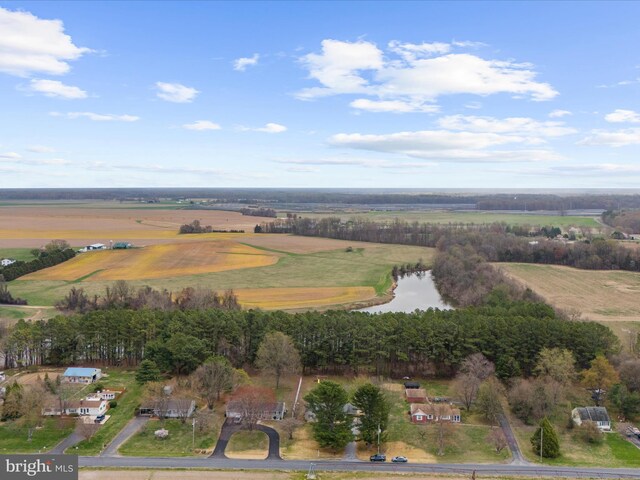 aerial view featuring a water view and a rural view