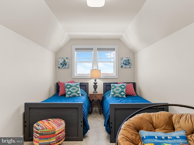 bedroom with light colored carpet and vaulted ceiling