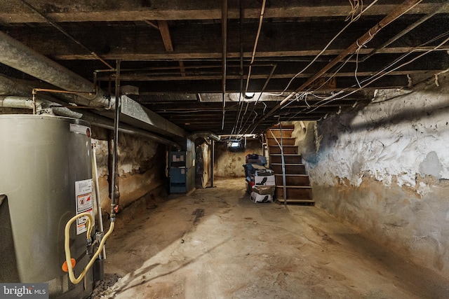 basement with heating unit and water heater