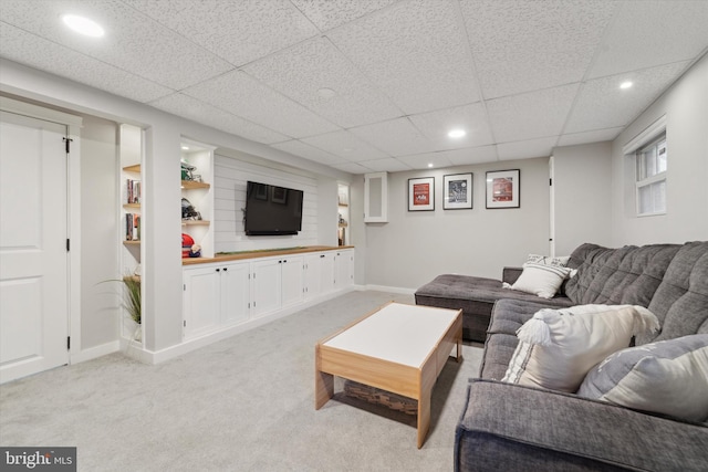 living room featuring light colored carpet