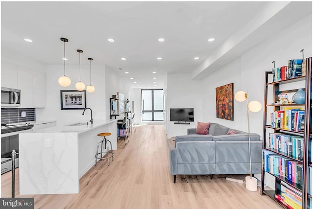 living room featuring sink and light hardwood / wood-style floors