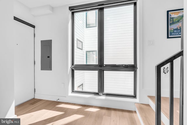 unfurnished room featuring electric panel and light wood-type flooring