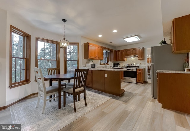 kitchen with appliances with stainless steel finishes, sink, hanging light fixtures, and light wood-type flooring