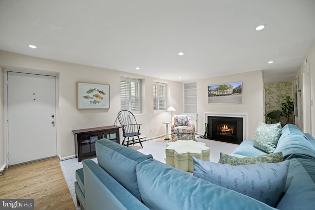 living room featuring light hardwood / wood-style floors and built in features