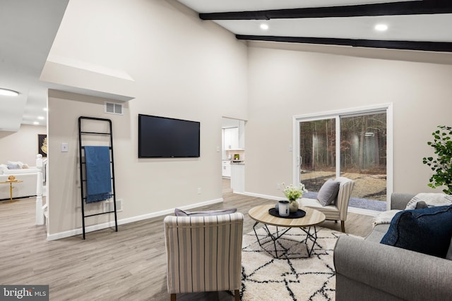 living area featuring baseboards, visible vents, light wood-style flooring, beam ceiling, and recessed lighting