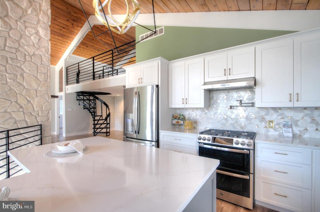 kitchen with wood ceiling, appliances with stainless steel finishes, white cabinetry, backsplash, and light stone counters