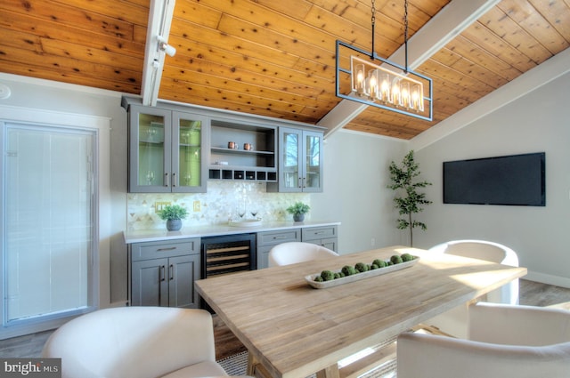 interior space featuring wood ceiling, gray cabinets, vaulted ceiling with beams, backsplash, and decorative light fixtures