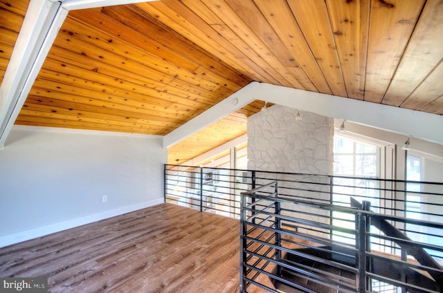 bonus room featuring vaulted ceiling, hardwood / wood-style floors, and wooden ceiling