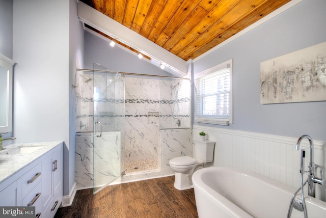 full bathroom featuring toilet, wood-type flooring, separate shower and tub, wooden ceiling, and vanity