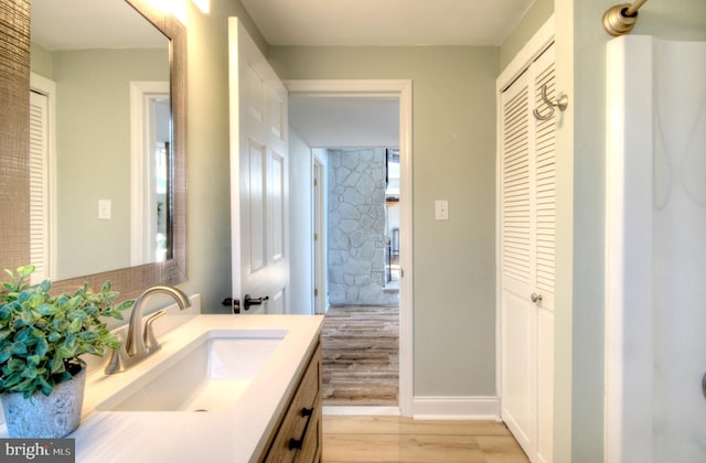 bathroom with vanity and wood-type flooring