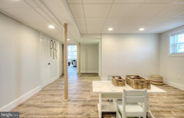 dining room featuring a drop ceiling and light hardwood / wood-style flooring