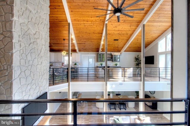 details with beam ceiling, wooden ceiling, and ceiling fan